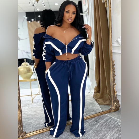 Pants - Retro collar jacket and fitted wide leg jogger pants (blue)